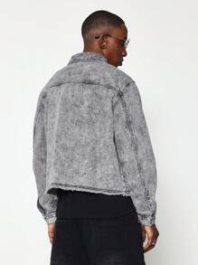 SUMWON Vintage Style Trucker Denim Jacket Frayed Hem Zip Front Casual Streetwear Spring Fall Outerwear Classic Cotton - Grey - View 3