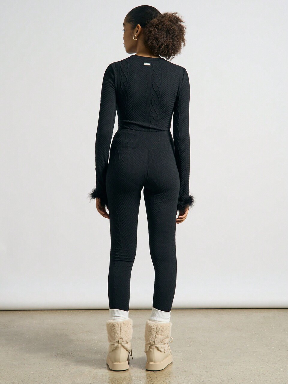 AiiRZ Cable Knit Round Neck Fur Detail Long Sleeves Fitted Sweater Top And Leggings Two Piece Co-Ord Set