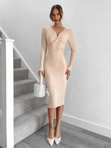Calvaya V-Neck Mid-Length Fitted Elegant & Versatile Knit Dress, Flattering & Graceful Design, Autumn/Winter