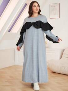 Mulvari Plus Size Women Bow Decor Contrast Color Ruffle Sleeve Sweatshirt Dress, Autumn