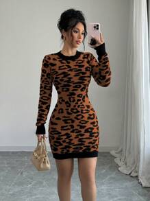 Selianne 1pc Women's Autumn Long Sleeve Fitted Fashionable Leopard Print Backless Sweater Dress Fall Cloth For Women - Coffee Brown - View 4