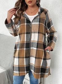 SHEIN VCAY Plus Size Women Plaid Raglan Sleeve Zipper Stand Collar Casual Hooded Coat, Autumn - Multicolor - View 4