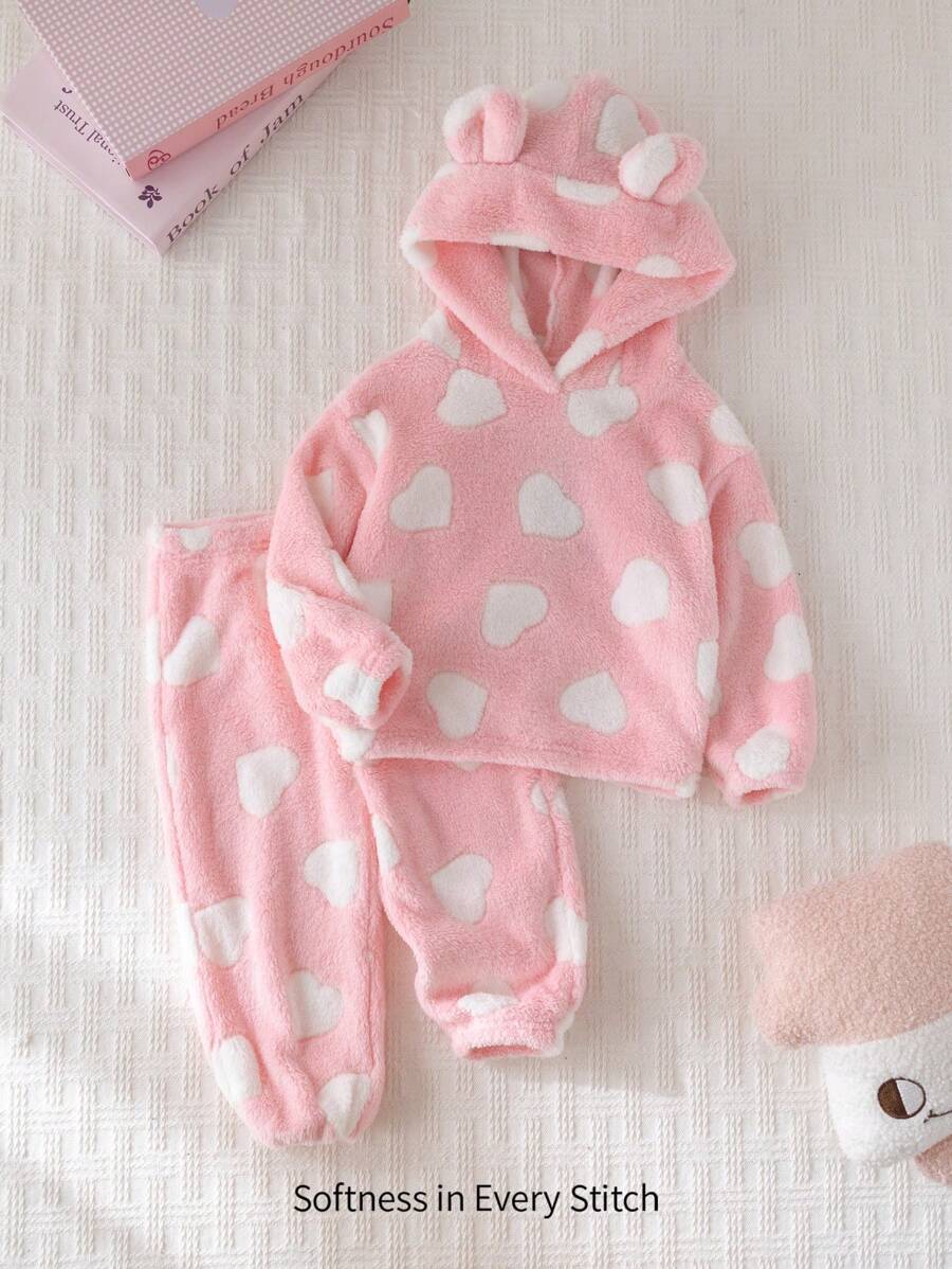 Cozy Pixies 2 件套女婴毛绒连帽运动衫，带 3D 耳朵和裤子套装，冬季服装 - 粉色 - 查看 1
