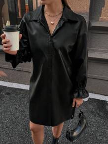 SHEIN LUNE 女士午夜之吻黑色仿皮领迷你吊带裙 - 黑色 - 查看 7