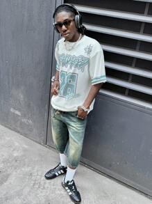 SWAVVY 男士宽松落肩字母图案印花网眼短袖针织 T 恤，趣味十足，适合男友礼物，适合外出、夏季、上学、街头穿着 - 彩色 - 查看 7