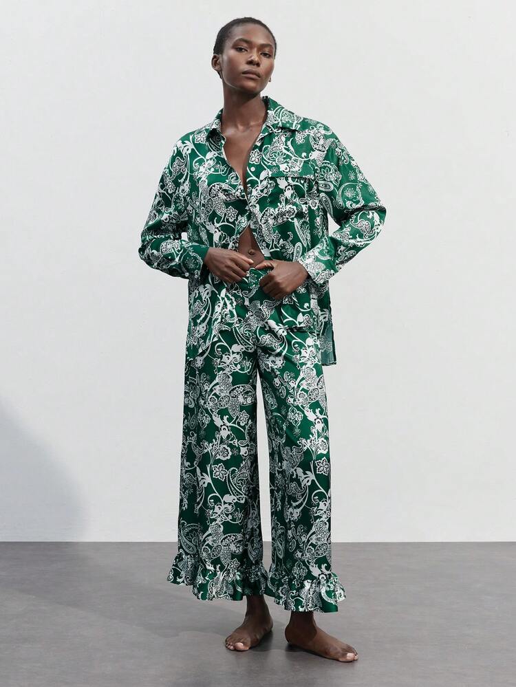 SHEIN Maija 2pcs Floral Print Boho Casual Blouse Shirt And Ruffle Trim Pants Set, For Women, Suitable For Autumn Vacation