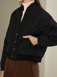 SHEIN Privé 女士时尚优质绗缝轻便短款夹棉外套冬季 - 黑色 - 查看 4