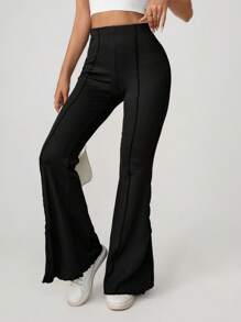 SHEIN Tall 生菜边饰弹性女式喇叭裤 - 黑色 - 查看 7