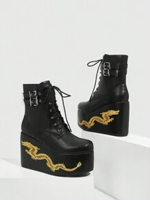 Sugerpunk 女士圆头坡跟厚底刺绣装饰黑色 PU 鞋面时尚潮流舒适日常活动侧拉链靴子适合圣诞节和新年假期 - 黑色 - 查看 6