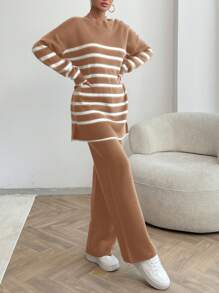 EURMUSE Women Stripe Pattern Button Detailed Round Neck Drop Shoulder Pullover & Sweater Pants Set - Camel - View 6