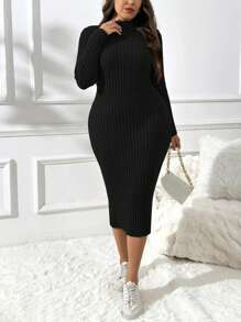 SHEIN Essnce Váy len co giãn ấm áp thoải mái thường ngày cổ giả cỡ lớn cho mùa đông - màu đen - Xem 6