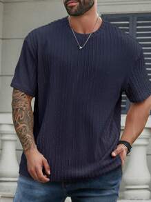 Manfinity Homme 大码男式纯色纹理圆领短袖休闲 T 恤 - 藏蓝色 - 查看 4