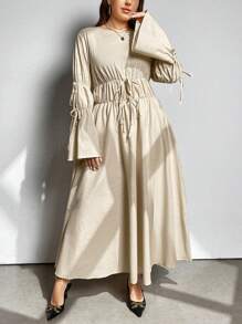 SHEIN Privé Plus Size A-Line Ruched Waist Long Sleeve Round Neck Dress - Apricot - View 7