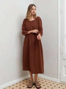 RueChic WOMAN BROWN ELEGANT MUSLIN LONG DRESS - Brown - View 6