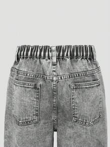 SHEIN Tween Girl Light Washed Casual Straight Leg Denim Jeans, Simple And Versatile - Dark Grey - View 3