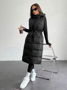 SHEIN PETITE Long Hooded Black Winter Vest Jacket - Black - View 3