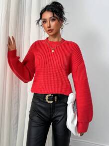 Chiquease Women Casual Round Neck Lantern Sleeve Solid Knitted Sweater, Autumn/Winter
