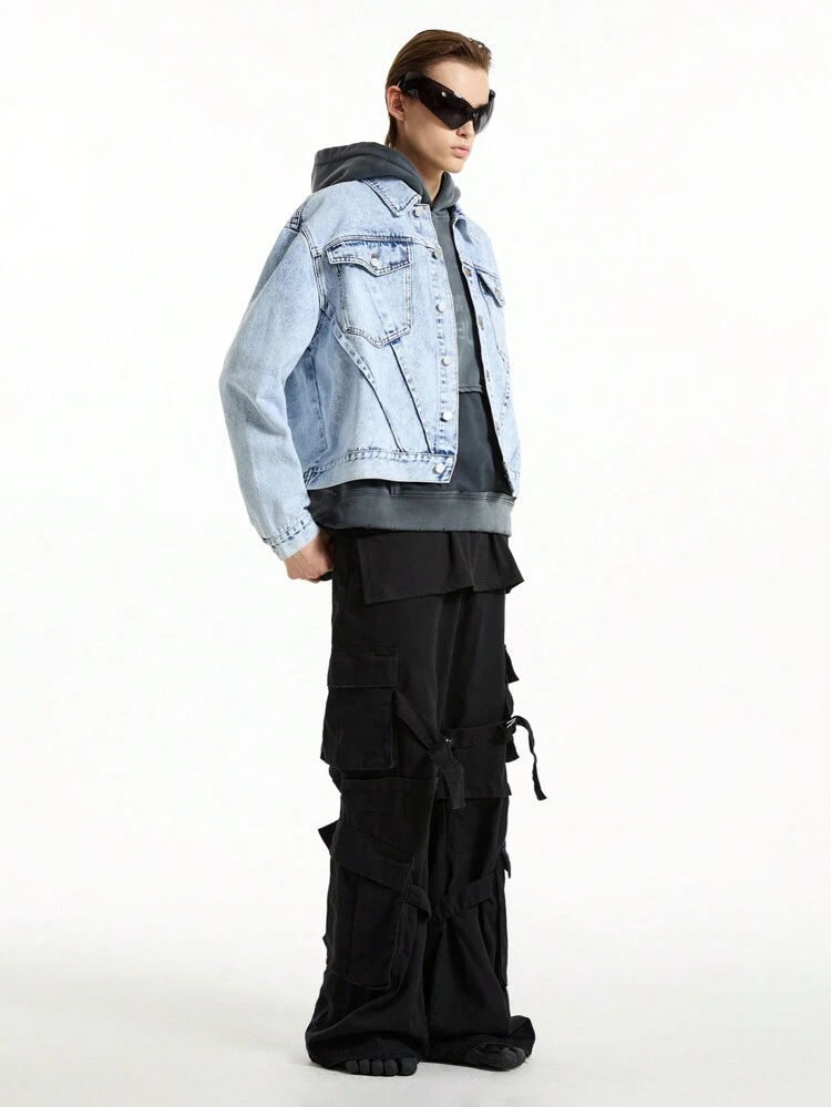 Men's Streetwear Short Light Blue Denim Long Sleeve Jacket