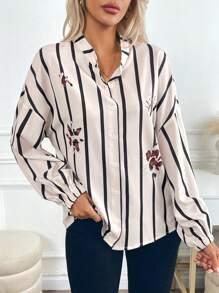 SHEIN LUNE Koszula damska w paski i kwiaty, luźna, z odkrytymi ramionami i guzikami z przodu, na wiosnę i jesień