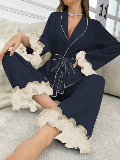 Côtesoire Contrast Color Ruffle Trim Women Pajama Set, Fall Winter Clothes