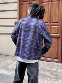 Manfinity NXTstreet Men's Digital Letter Print Plaid Pattern Button Loose Fit Long Sleeve Shirt, For Boyfriend Gift, Going Out - Multicolor - View 2