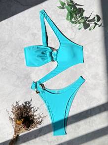 Swim SXY 1pc Women's Summer Hollow Out One Shoulder One-Piece Swimsuit - Baby Blue - View 6