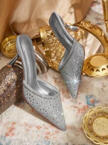 CUCCOO TILAWA Women Shoes Summer Rhinestone Glitters Upper Pointed Toe Mid-Heel Luxury Elegant Gorgeous Shining Silver Glitters Women's High-Heeled Shoes Mules High-Heeled Slippers Fashion Women's Shoes Slip-On Dress Shoes Party Banquet Wedding Formal Occasion Dress Shoes Fashion Party
