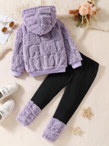 SHEIN 2 Stücke Mädchen Outfit mit Hoodie-Sweatshirt mit Ausschnitten und Flaum und Leggings, für Lässig Herbst Winter Outdoor und Feiertage geeignet