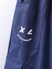 青少年男童休闲卡通字母印花抽绳腰部翻盖口袋宽松工装裤 - 寶藍色 - 查看 4