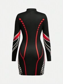 SHEIN Bộ đồ đua xe màu đen và đỏ cho bé gái tuổi teen, bộ đồ đạp xe, váy bó sát tay dài cổ giả co giãn cho vẻ ngoài sành điệu của dân đi xe đạp đường phố - Nhiều màu - Xem 2