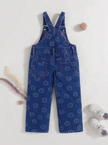 年轻女孩牛仔背带裤和连体裤，可爱笑脸设计，大口袋，宽松牛仔工装裤 - 藍色 - 查看 2