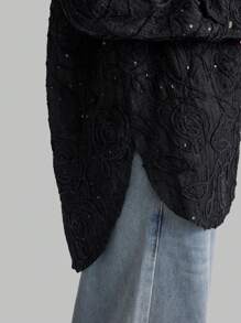 Ontre Women's Black Long Sleeve Textured Collar Shirt With Pearled Embroidered Floral Pattern, Suitable For Autumn - Black - View 4