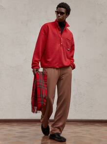 AKNOTIC Party Men's Fitted Casual Ribbed Knit Turndown Collar Long Sleeve Half-Open Front Red POLO Shirt, Christmas - Burgundy - View 5