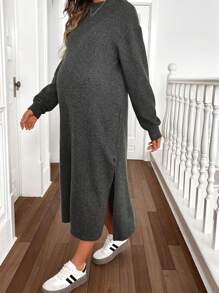SHEIN Pregnant Women Solid Color Ribbed Loose Batwing High Slit T-Shirt Dress, Suitable For Spring And Autumn, For Maternity - Dark Grey - View 6
