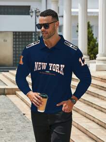 Manfinity Homme Plus Size Men Letter & Number Graphic Print Loose Fit Casual Long Sleeve Polo Shirt, For Going Out, Academia