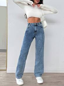 SHEIN Cottnline WOMEN STRAIGHT LOW WAIST JEANS - Medium Wash - View 3