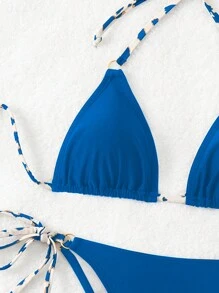 Swim Vcay 夏季海滩撞色吊带露背系带泳衣套装，随机印花 - 彩色 - 查看 5