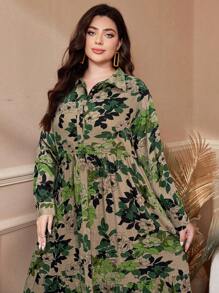 Al Najma Plus Size Women Botanical Print Long Sleeve Single Breasted Dress, Arabic Clothing, Casual,Modest For Casual Daily/Travel/Holiday/Vacation/Homewear, Maxi Length Plus Size Arabian Wear