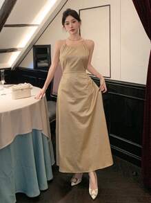 DAZY Vestido largo con escote halter y espalda descubierta para mujer, vestido de fiesta, cumpleaños, Año Nuevo