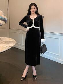 DAZY Contrast Color Ruffle Hem Patchwork Women's Mid-Length Dress, Birthday ,New Year Eve Prom Dress,Fall Clothes