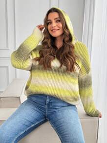 EMERY ROSE Plus Size Women Ombre Color Hooded Loose Long Sleeve Pullover Knit Sweatshirt, Comfortable For Home, Autumn/Winter - Multicolor - View 2