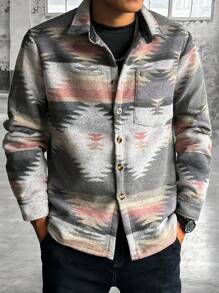 Manfinity Homme Men's All-Over Print Long Sleeve Button Front Pocket Shacket, Men Printed Button Up, Men Graphic Button Up, Men Shirts Streetwear - Multicolor - View 6