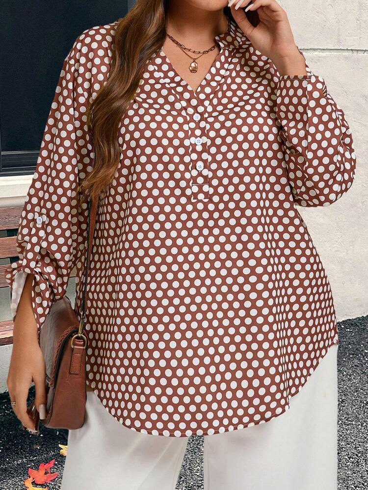 Plus Size Women's Polka Dot Print V-Neck Roll-Up Sleeve Loose Blouse,Winter Women Clothes