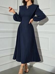 Modelyn 女士优雅纯色褶皱下摆连衣裙，秋季长款晚礼服