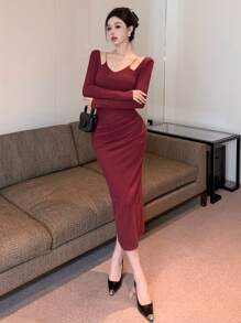 DAZY Women Solid Color Long Sleeve Pleated Mid-Length Wrap Dress,Elegant Burgundy Autumn Dinner Date Prom Dress,New Year Eve Valentine's Day Maxi Dress - Red - View 3