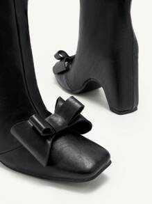 CUCCOO CHICEST Square Toe Platform Bowknot Mid-Calf Boots For Women For Christmas And New Year Holiday Valentines - Black - View 9