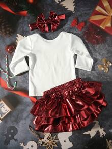 SHEIN 女婴圣诞拍照装，新生儿长袖衬衫，带荷叶边裙、短裤和头带套装 - 彩色 - 查看 3