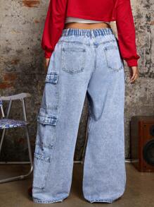 SHEIN ICON Quần Jeans Ống Rộng Túi Lửng Thường Ngày Size Lớn, Mùa Xuân/Thu - Rửa nhẹ - Xem 2