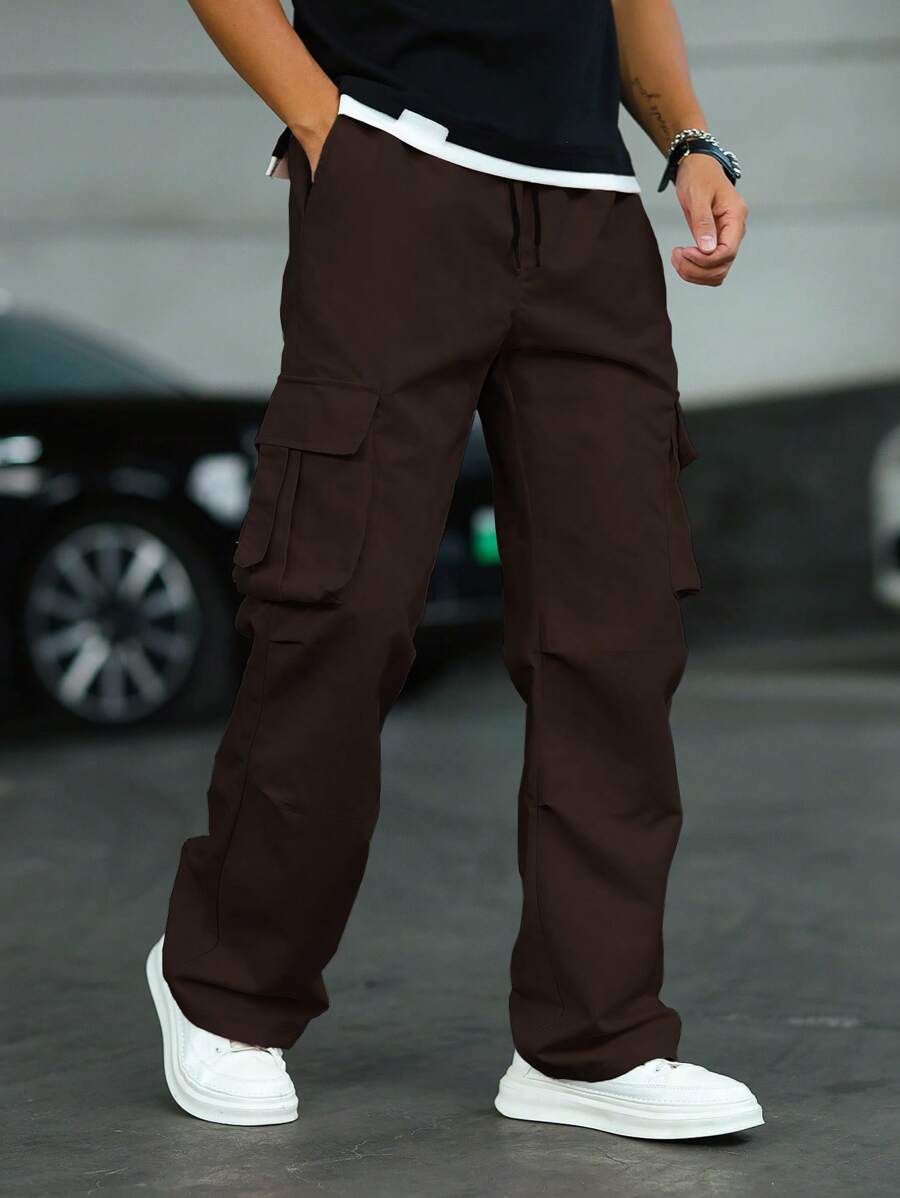 Manfinity Homme 1pc Men Solid Color Flap Pocket Side Drawstring Waist Casual Cargo Pants, Everyday Wear, Fall