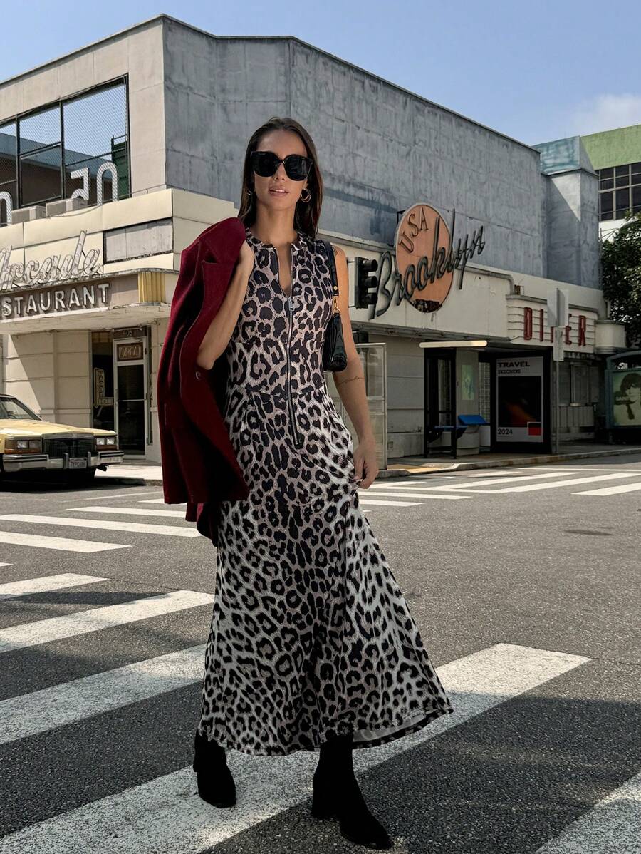 Chiquease Women's Casual Leopard Print Zipper Sleeveless Dress - Coffee Brown - View 1